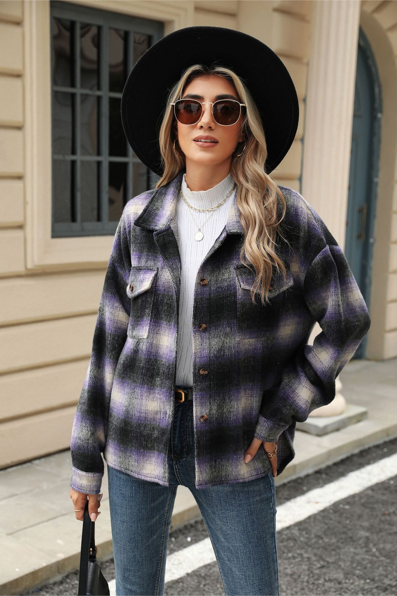 Loose Plaid Lapel Faux Wool Long Sleeve Christmas Outerwear