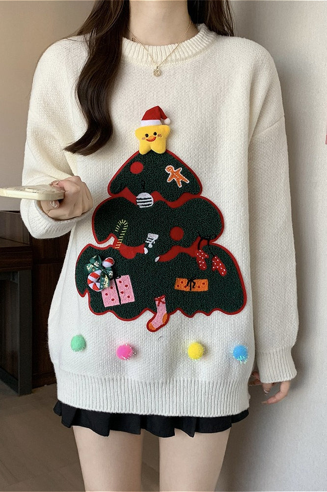 Christmas 3D Pom Pom Christmas Tree Print Sweater