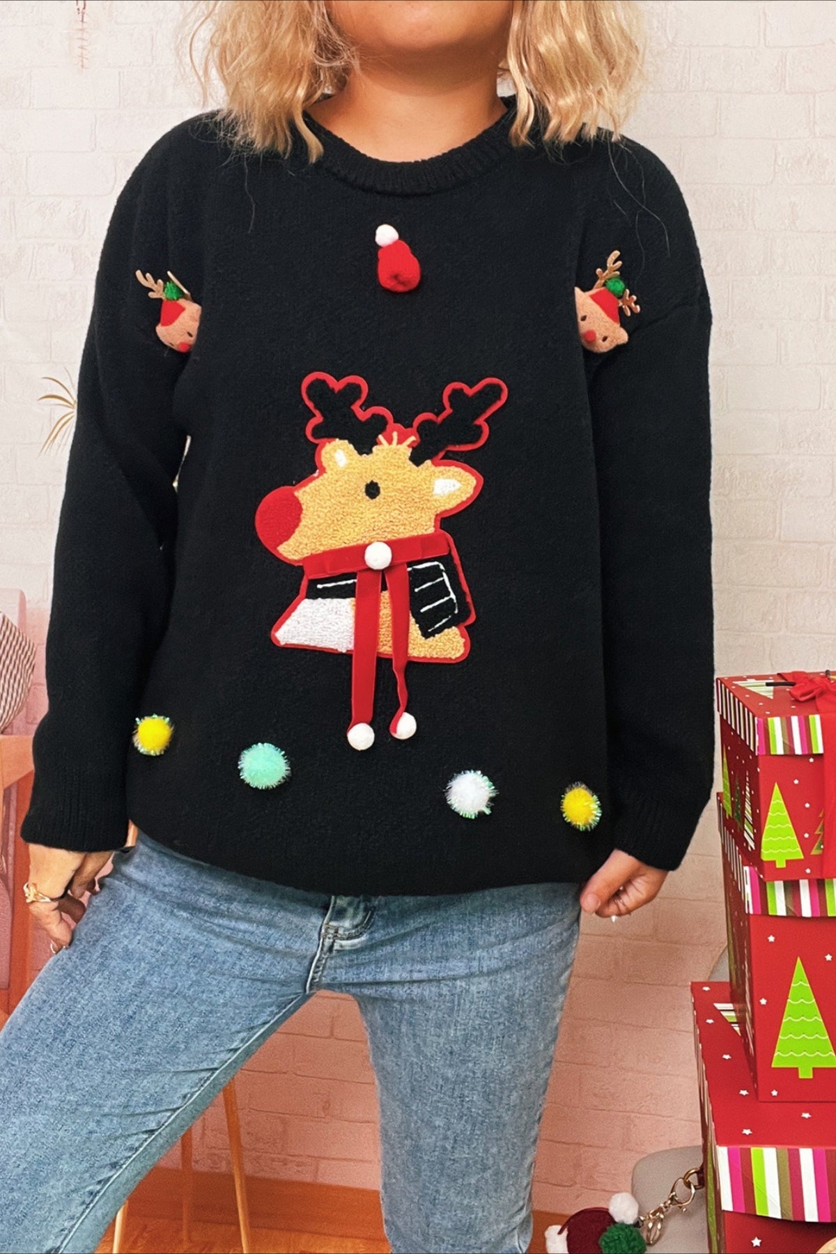 Christmas Cartoon Deer Knit Crew Patchwork Sweater
