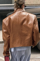 Cropped Faux Leather Single Button Jacket