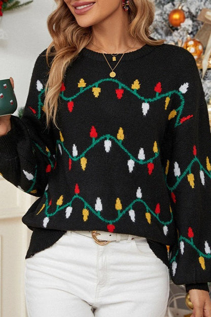 Christmas Lights Stripe Pattern Color Block Crew Neck Sweater
