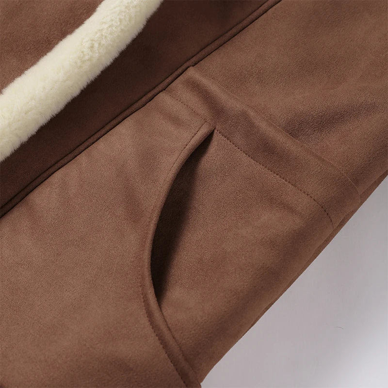 Fashion Lamb Woolen Spliced Warm Coat For Women Vintage Side Buttons Lapel Full Sleeve Jackets Lady Autumn Winter Thick Outwear