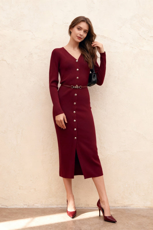 Elegant Slim V Neck Knit Cinched Waist Bodycon Sweater Dress