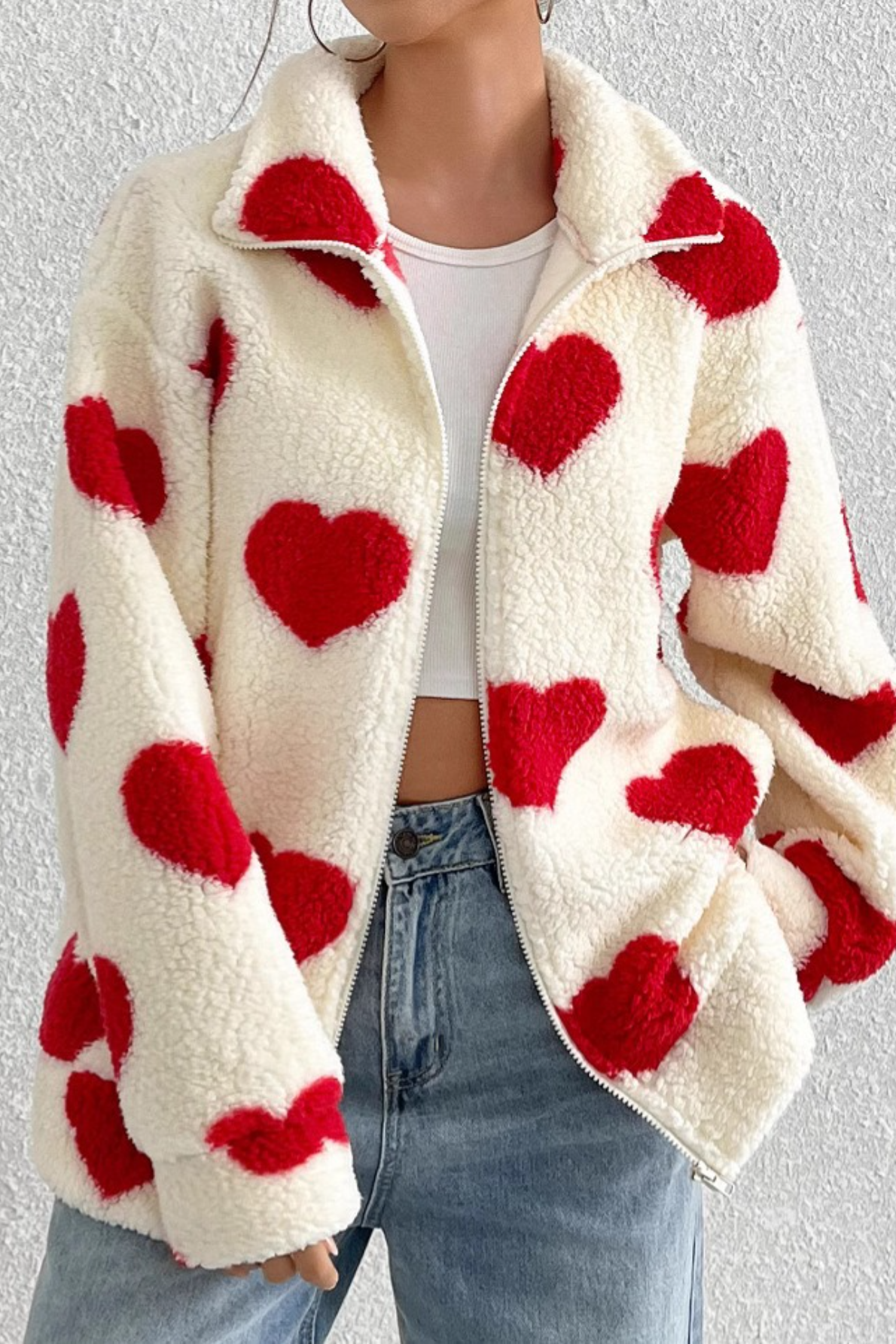 Fuzzy Heart Print Oversized Long Sleeve Zip Christmas Outerwear