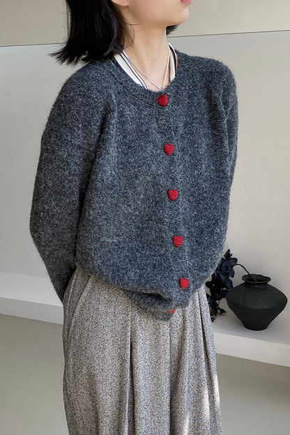 Oversized Heart Button Round Neck Christmas Cardigan