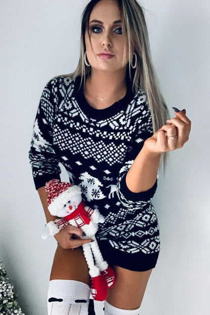 Christmas Themed Versatile Knit Long Sleeve Sweater Dress