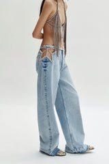 Rhinestone Low Rise Straight Leg Denim Jeans
