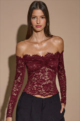 Off Shoulder Lace Sheer Long Sleeve T-shirts