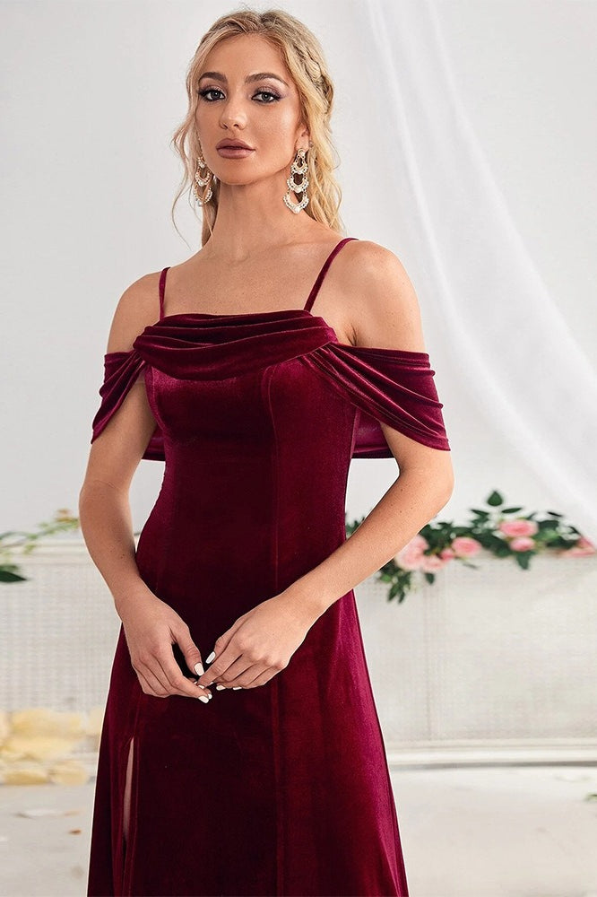 Velvet Off Shoulder Sling Split Maxi Evening Velvet Dress