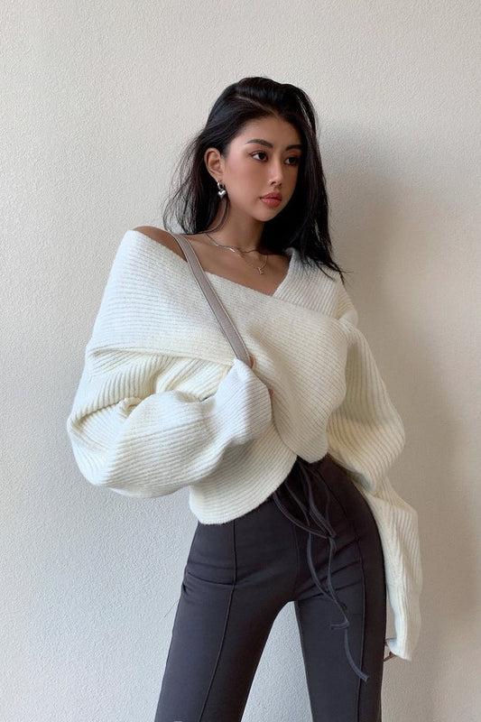 Solid V-Neck Crisscross Cold Shoulder Asymmetric Sweater
