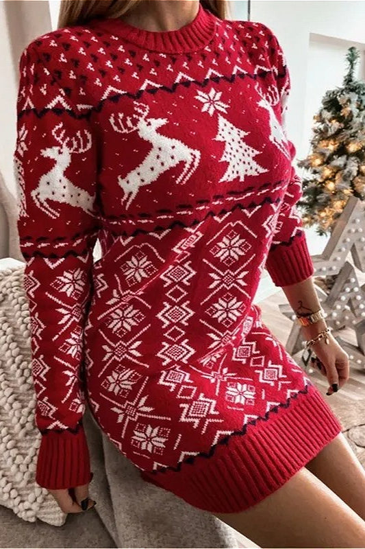 Knit Christmas Reindeer Color Block Sexy Fitted Mini Dress