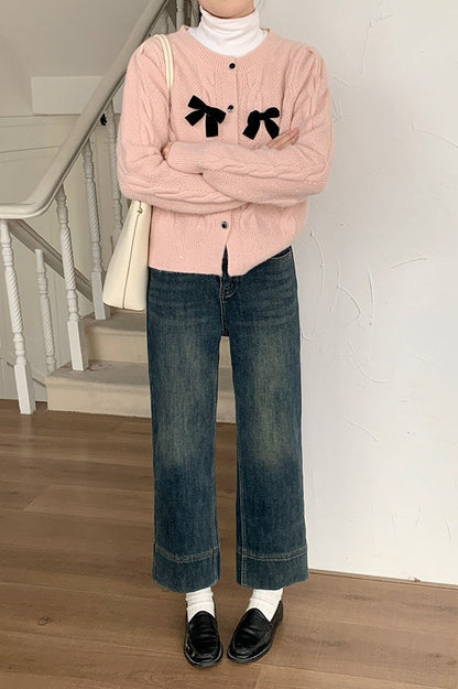 Sparkle Bow Detail Ribbed Christmas Cardigan