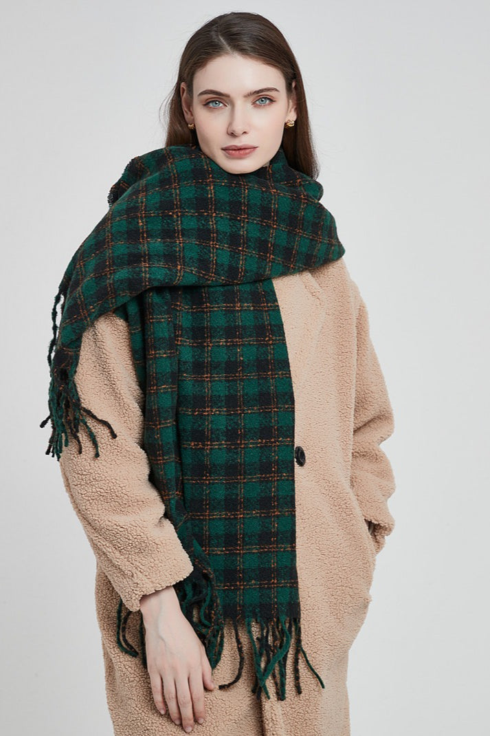 Oversized Fringe Plaid Christmas Scarf