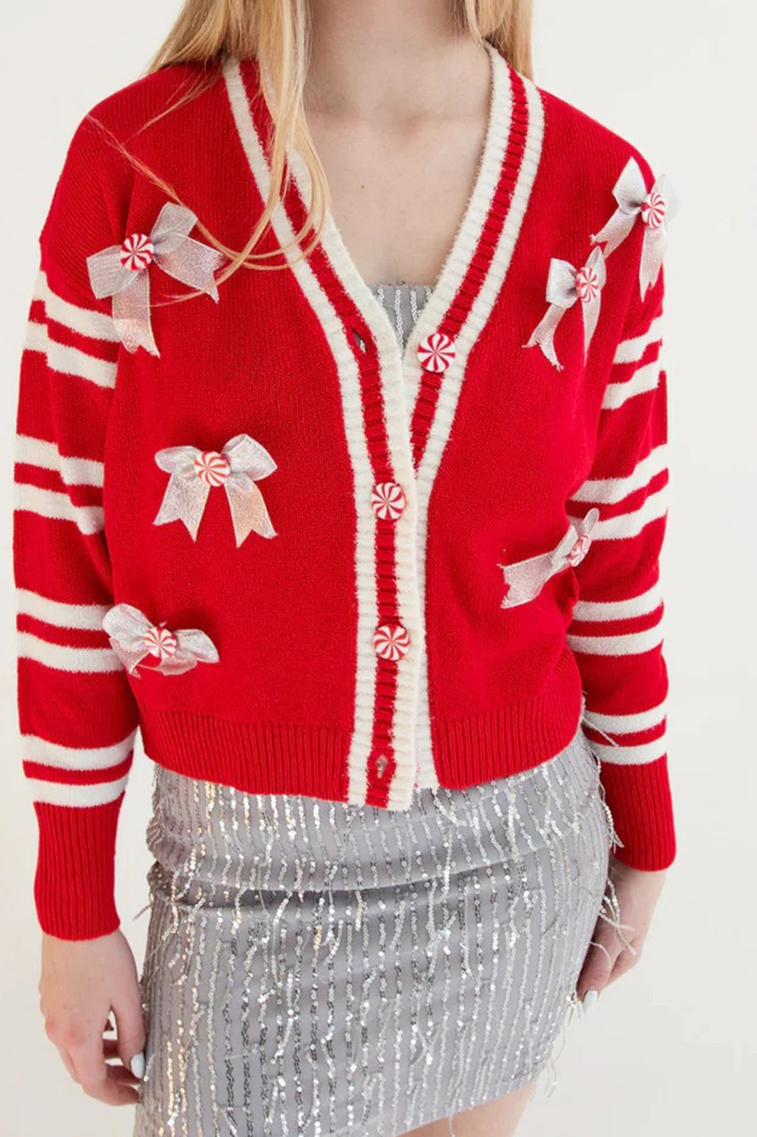 Sweet Bow V Neck Long Sleeve Christmas Cardigan