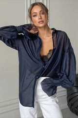 Sheer Balloon Sleeve Button Blouse