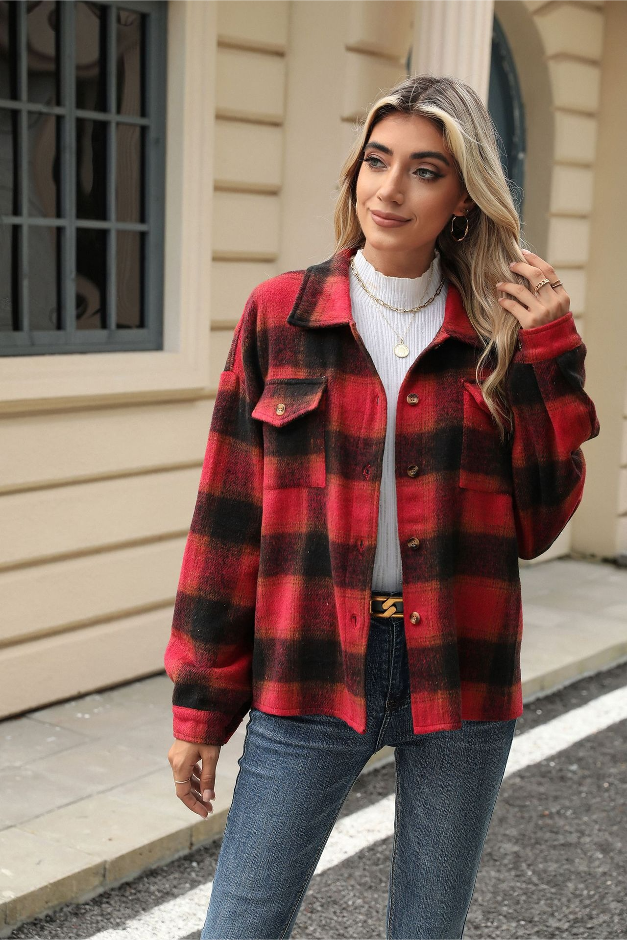 Loose Plaid Lapel Faux Wool Long Sleeve Christmas Outerwear