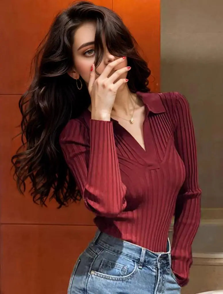 Slim Knitting Polo Collar Long Sleeve Soft Warm Knitwear Christmas Sweater Burgundy / One Size