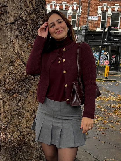 Vintage Burgundy Single-Breasted Cardigan Cardigan-241208