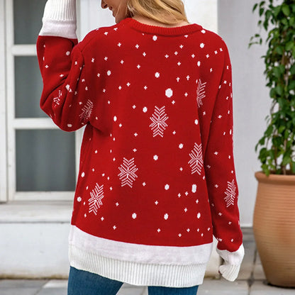 Warm Long Sleeves Fur Collar Cartoon Reindeer Print Christmas Sweater Sweaters-L
