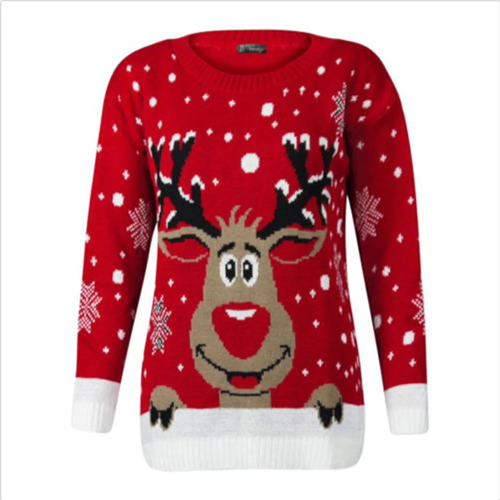 Warm Long Sleeves Fur Collar Cartoon Reindeer Print Christmas Sweater Sweaters-L