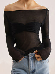 Vibemartini Semi-Sheer Off-Shoulder Mesh Long Sleeve Shirt