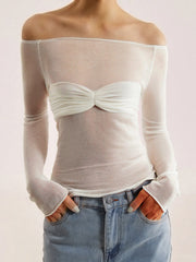 Vibemartini Semi-Sheer Off-Shoulder Mesh Long Sleeve Shirt