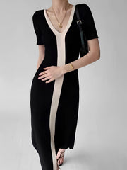 Vibemartini Two Tone V-Neck Knit Slit Midi Dress
