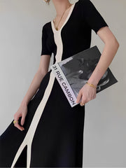 Vibemartini Two Tone V-Neck Knit Slit Midi Dress