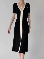 Vibemartini Two Tone V-Neck Knit Slit Midi Dress