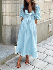 Vibemartini Linen Cotton Front Tie Midi Dress