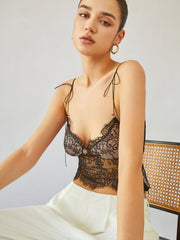 Vibemartini Sheer Tie Shoulder Floral Lace Cami Crop Top