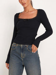 Vibemartini Lace Trim Long Sleeve Crop Top