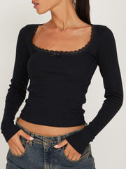 Vibemartini Lace Trim Long Sleeve Crop Top