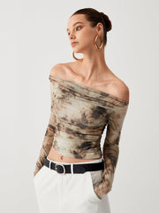Vibemartini Semi-Sheer Tulle Mesh Off Shoulder Long Sleeve Crop Top