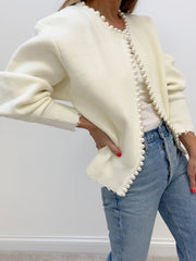 Vibemartini Pearl Trim Ripped Hem Cardigan