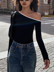 Vibemartini Contrast Trim Off Shoulder Long Sleeve Shirt