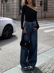 Vibemartini Contrast Trim Off Shoulder Long Sleeve Shirt