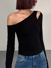 Vibemartini Cut Out Asymmetric Off Shoulder Slinky Long Sleeve Shirt