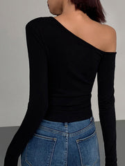 Vibemartini Cut Out Asymmetric Off Shoulder Slinky Long Sleeve Shirt