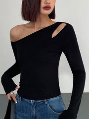 Vibemartini Cut Out Asymmetric Off Shoulder Slinky Long Sleeve Shirt