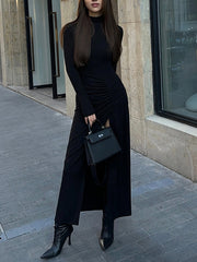 Vibemartini Slit Pleated Long Sleeve Bodycon Mock Neck Long Dress