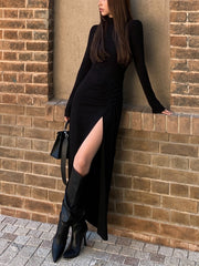 Vibemartini Slit Pleated Long Sleeve Bodycon Mock Neck Long Dress
