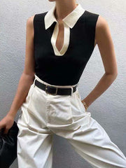 Vibemartini Contrast Trim Collar V-neck Knit Sweater Vest