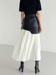 Vibemartini Asymmetric Patchwork Faux Leather Chiffon Pleated Maxi Skirt