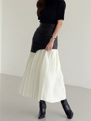 Vibemartini Asymmetric Patchwork Faux Leather Chiffon Pleated Maxi Skirt