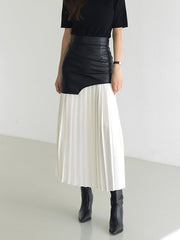Vibemartini Asymmetric Patchwork Faux Leather Chiffon Pleated Maxi Skirt