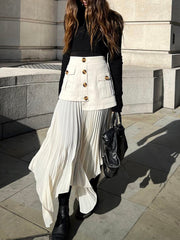 Vibemartini Patchwork Asymmetrical Pleated Buttoned Midi Skirt