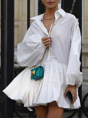 Vibemartini Pleated Long Sleeve Button Up Collar Mini Dress