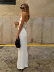 Vibemartini Solid V-Neck Backless Tie Up Halter & Split Maxi Skirt Set