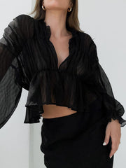 Vibemartini Sheer Chiffon Ruffle Detail Blouse